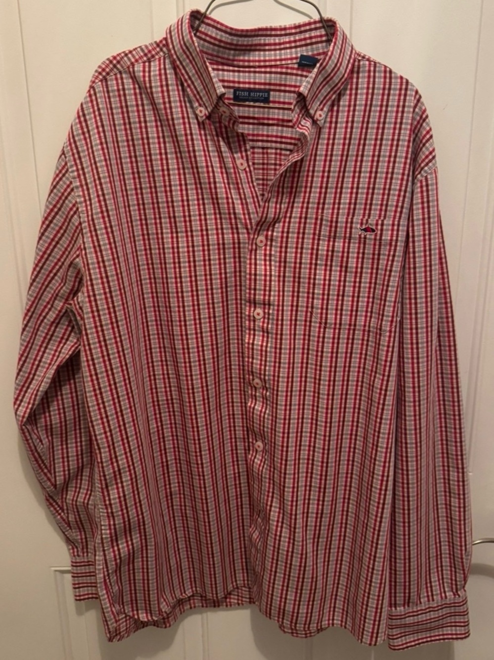 Classic Red & White Striped Button-Down Shirt by Fish Hippie-Size Large
